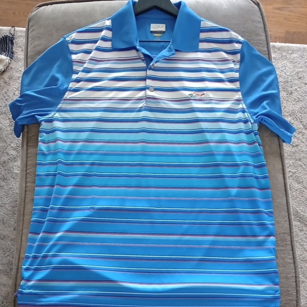 C) Greg Norman Collection Aqua and White Striped Polo